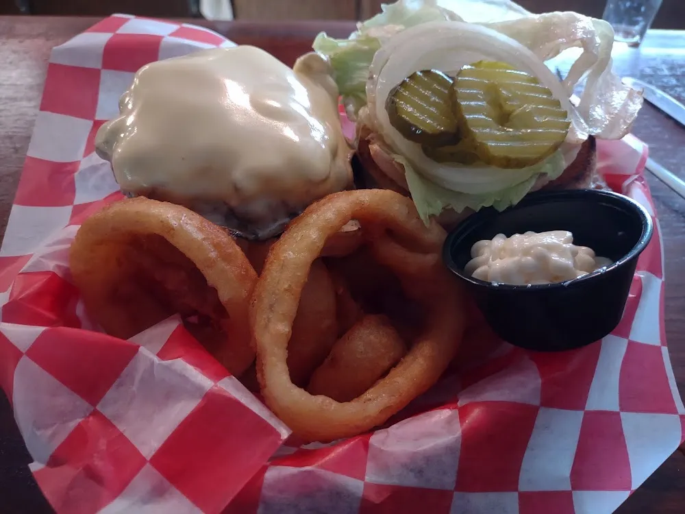 Olive Burger with Onion Rings